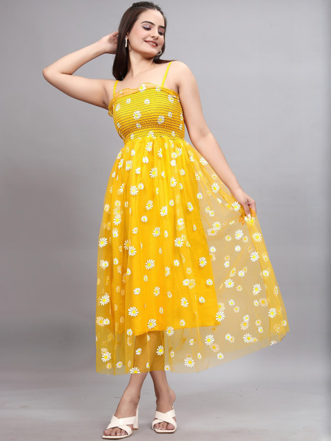 FIXOCRA Floral Printed Smocked Sleeveless Fit & Flare Midi Dress