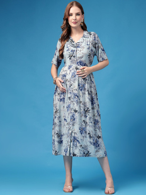 House Of Zelena Printed Rayon Maternity Zipless Feeding Dress with Pockets for Pregnancy