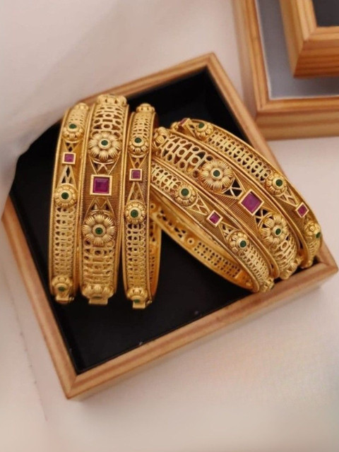 MANKAIROOP Women Pack of 6 Brass High Gold Bangles with Ruby & Green Stones