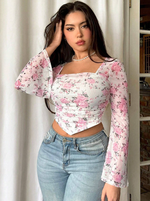 Womenster Women Floral Printed Bell Sleeve Square Neck Slim-Fit Crop Top