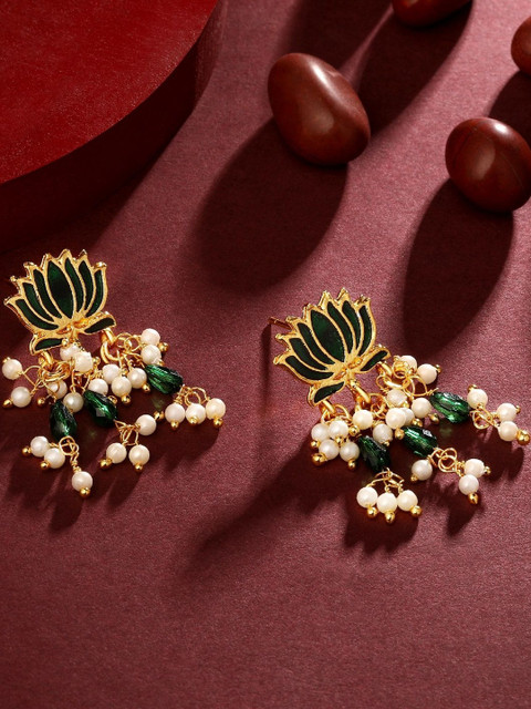 Stefan Gold-Plated Pearls Beaded Meenakari Lotus Shaped Drop Earrings