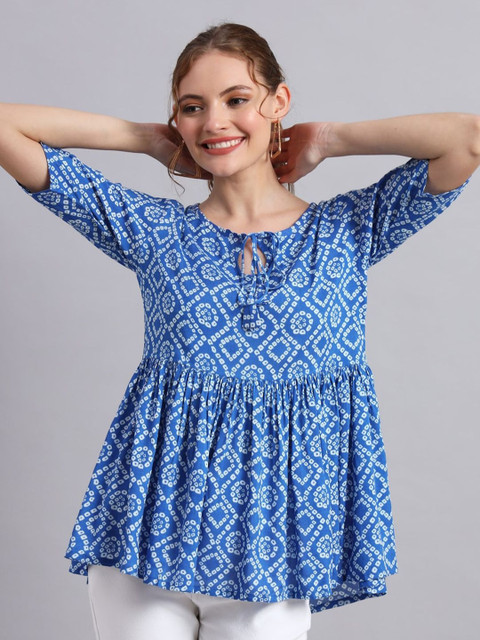 Sangria Women Blue Ethnic Motifs Printed Tie Up Neck Ethnic Top