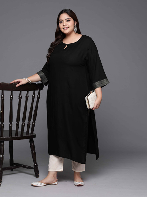 EXTRA LOVE BY LIBAS Plus Size Keyhole Neck Straight Kurta