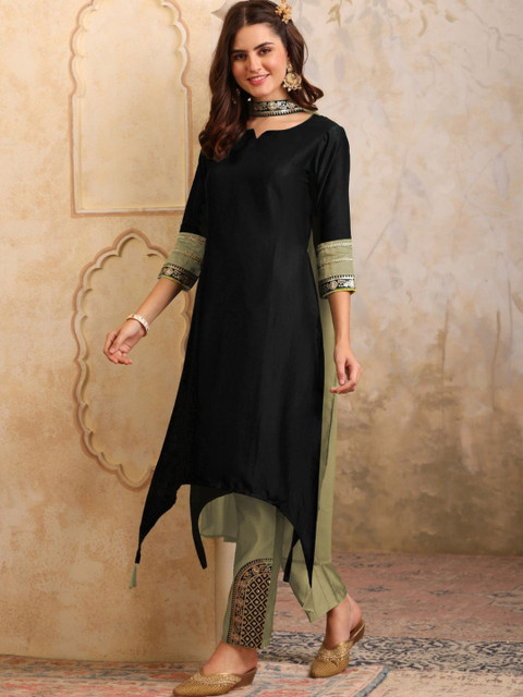 Sangria Ethnic Motifs Regular Thread Work Cotton Silk Kurta With Trousers & Dupatta