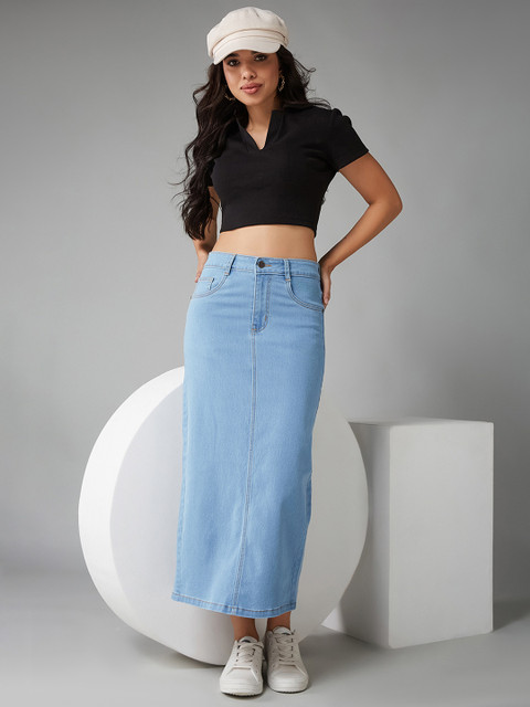 DOLCE CRUDO Women Straight High Rise Clean Look Midi Stretchable Denim Denim Skirt