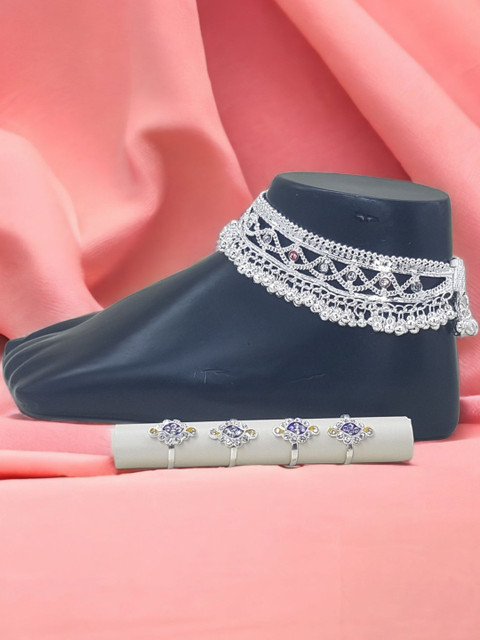 BR Ornaments Silver-Plated Artificial Stones Studded Anklet