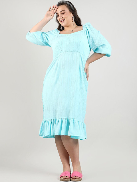 Instafab Plus Self Design Puff Sleeve Ruffled A-Line Dress
