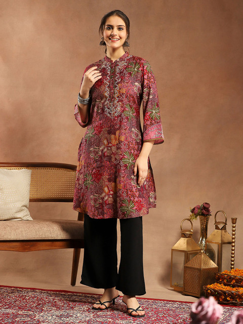 Nayam By Lakshita Floral Printed Flared Sleeves Sequinned Chanderi Cotton Kurta
