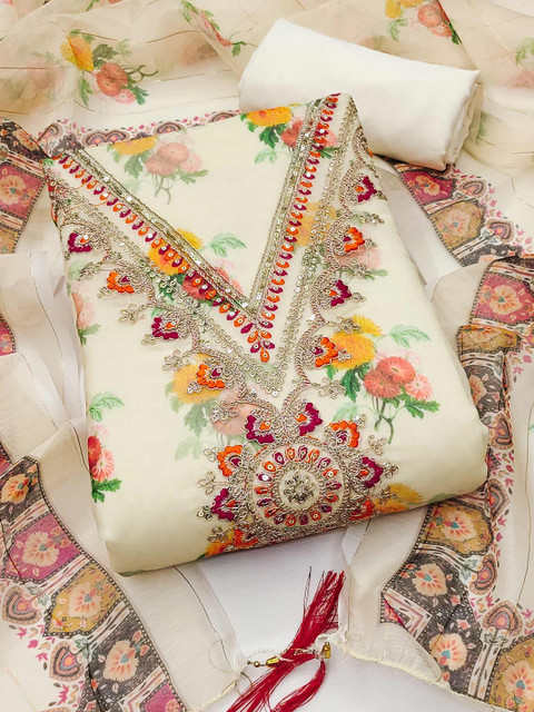 Peachmode Printed Sequins & Embroidery Chanderi Silk Unstitched Dress Material