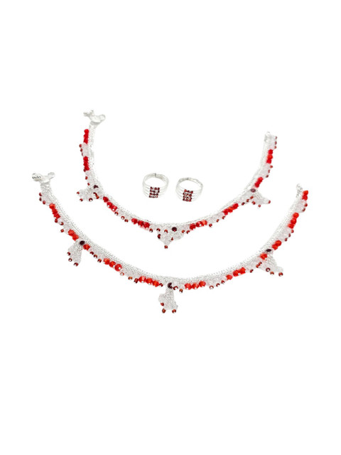 BR Ornaments Women Silver-Plated Artificial Stones and Beads Anklet With 2 Toe Ring