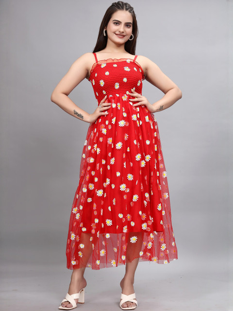 FIXOCRA Women Floral Printed Smocked Sleeveless Fit & Flare Dress