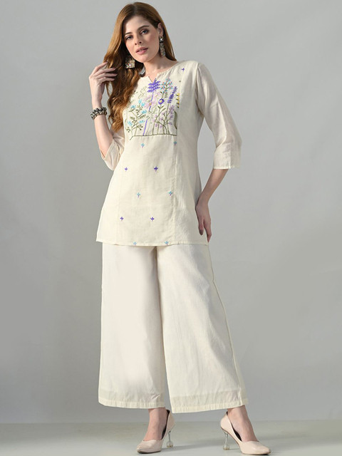 HERE&NOW Embroidered Pure Cotton Tunic & Trousers Co-Ord Set