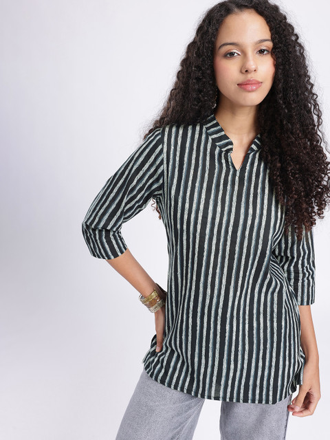 Anouk Rustic Striped Mandarin Collar Straight Kurti