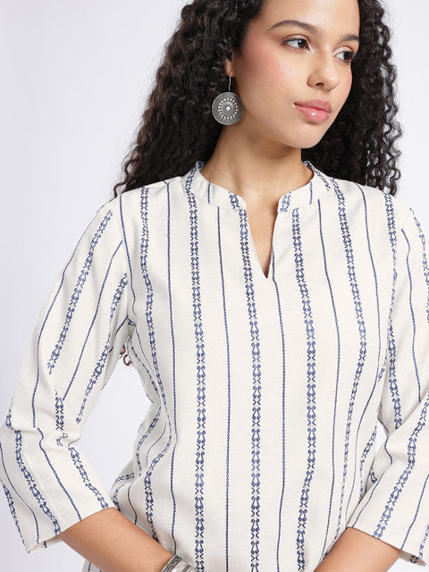 Anouk Rustic Ethnic Motifs Striped Mandarin Collar Straight Kurti - Image 5