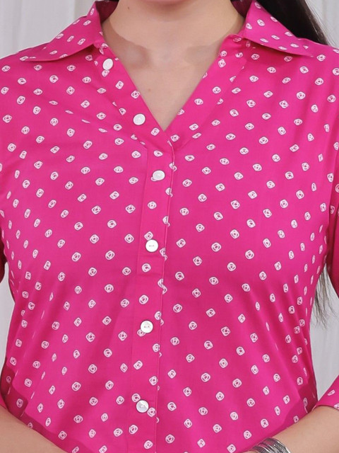 Aramya Plus Size Bandhani Printed Shirt Collar Pure Cotton A-Line Kurta - Image 2