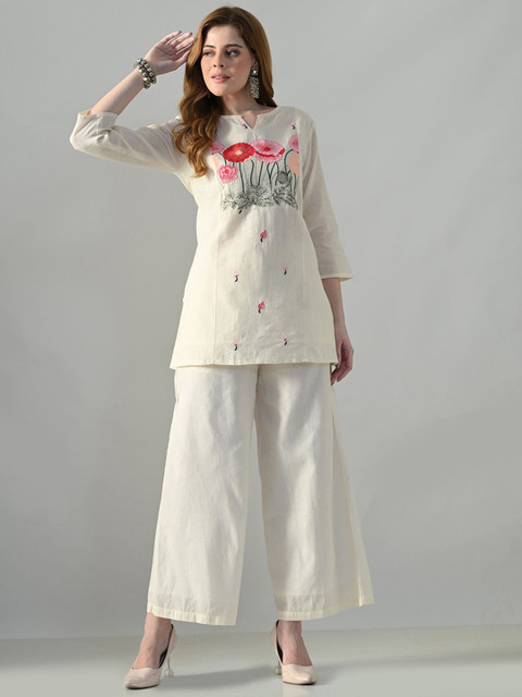 HERE&NOW Embroidered Pure Cotton Tunic & Trousers Co-Ord Set