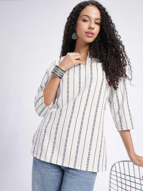 Anouk Rustic Ethnic Motifs Striped Mandarin Collar Straight Kurti