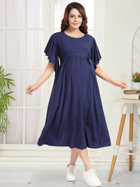 MomsBae Women Flutter Sleeve Maternity A-Line Midi Dress