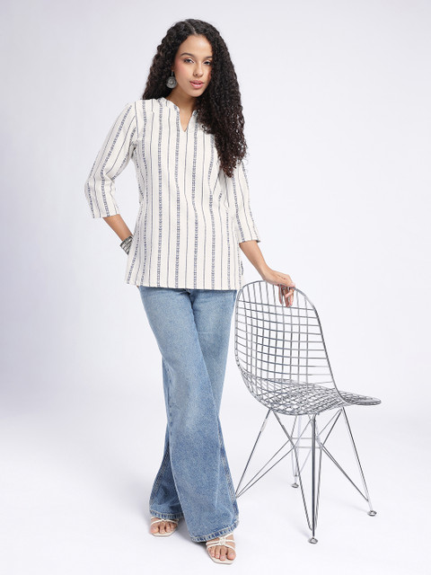 Anouk Rustic Ethnic Motifs Striped Mandarin Collar Straight Kurti - Image 4