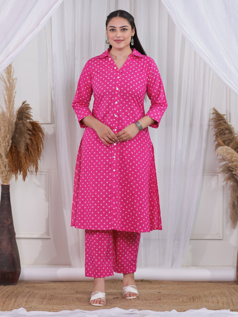 Aramya Plus Size Bandhani Printed Shirt Collar Pure Cotton A-Line Kurta - Image 6