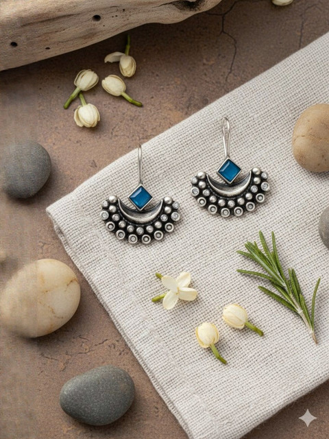 The Pari Women Silver-Plated Artificial Stones Studded Oxidised Crescent Drop Earrings