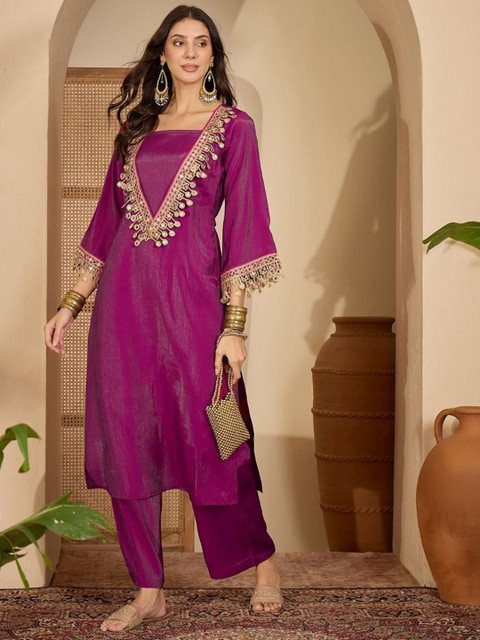 Sangria Mirror Work Embroidered Bell Sleeve Straight Kurta & Palazzo