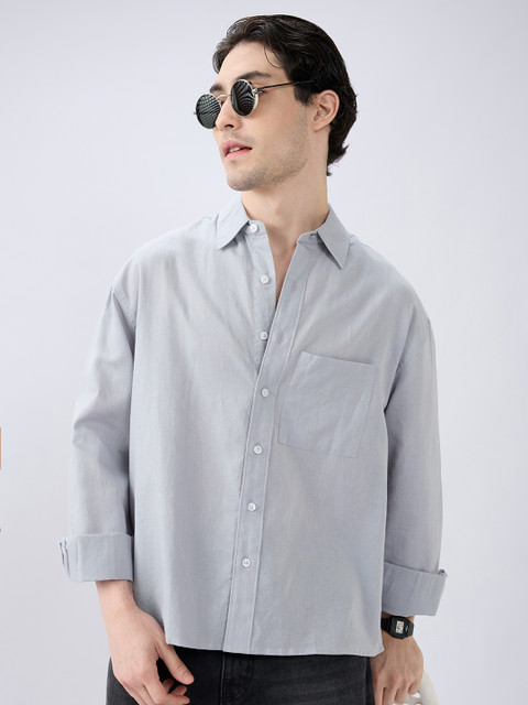 VASTRADO Men Classic Relaxed Fit Solid Spread Collar Linen Casual Shirt