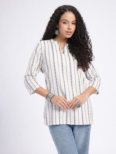 Anouk Rustic Ethnic Motifs Striped Mandarin Collar Straight Kurti - Image 3