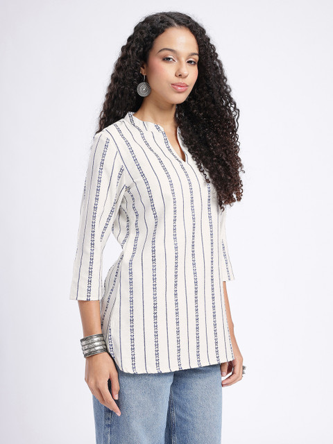 Anouk Rustic Ethnic Motifs Striped Mandarin Collar Straight Kurti - Image 2