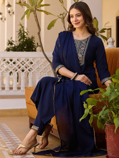 KALINI Women Navy Blue Embroidered Rayon Kurta with Trousers Set