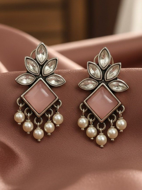 The Pari Silver-Plated Artificial Stones Studded & Beaded Contemporary Drop Earrings