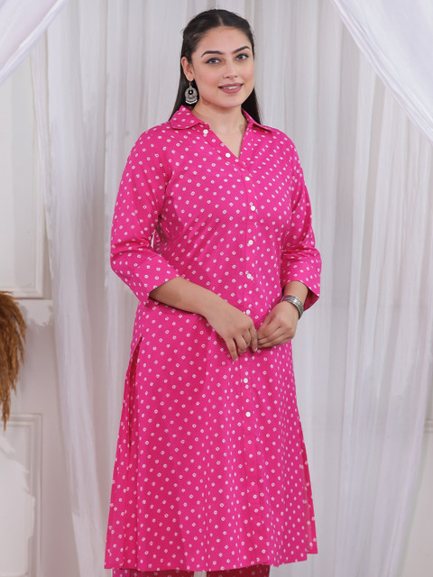 Aramya Plus Size Bandhani Printed Shirt Collar Pure Cotton A-Line Kurta - Image 3
