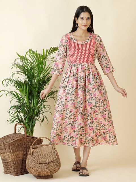Pakiza Enterprises Women Maternity Floral Printed Round Neck Fit & Flare Midi Dress