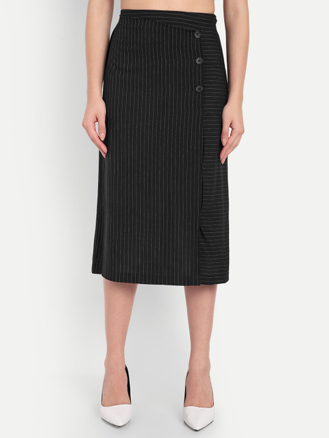 FairLeaf Striped Back Slit Cotton Pencil Midi Skirts