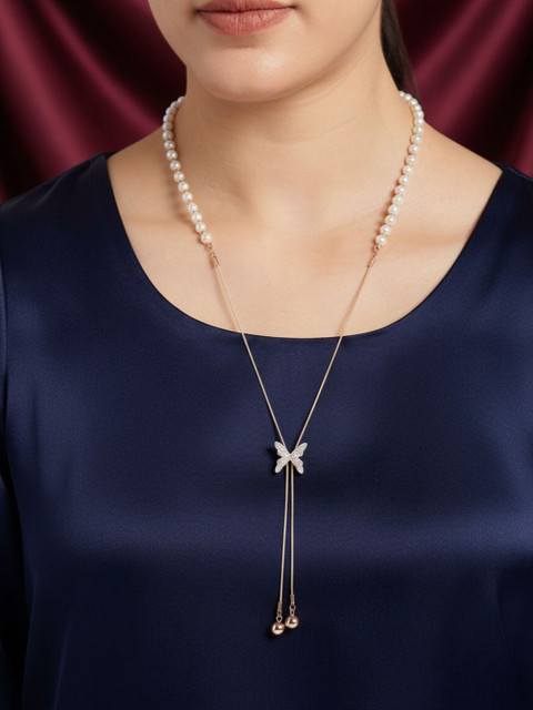 Vembley Women Gold-Plated Butterfly Chain Pearl Tassel Necklace