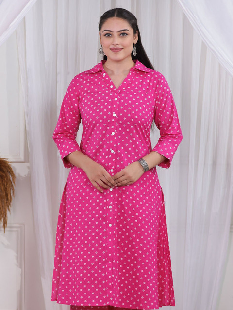 Aramya Plus Size Bandhani Printed Shirt Collar Pure Cotton A-Line Kurta