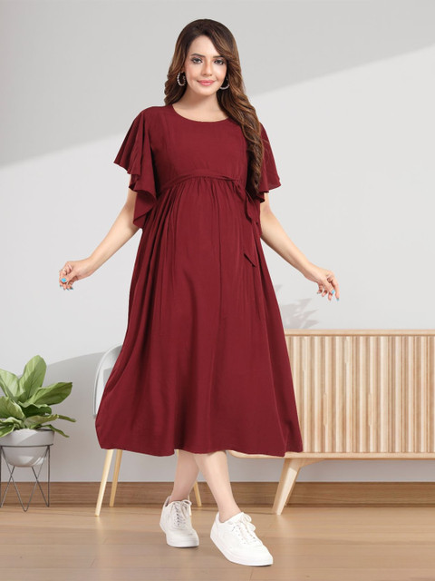 MomsBae Women Solid Round Neck Maternity Midi Dress