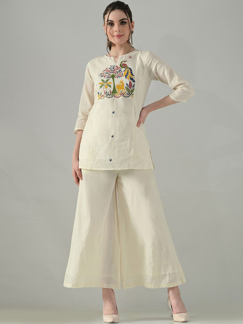 HERE&NOW Embroidered Pure Cotton Tunic & Trousers Co-Ord Set