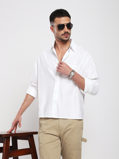 VASTRADO Men Classic Relaxed Fit Textured Spread Collar Cotton Casual Shirt