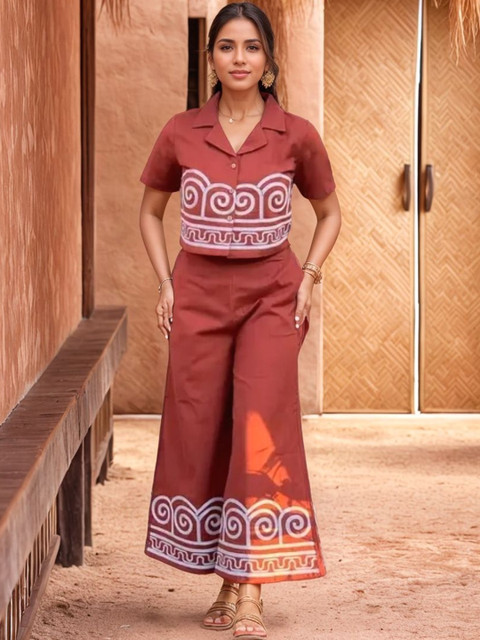 Moda Rapido Women Red Viscose Rayon Printed Shirt & Palazzos Co-Ord Set