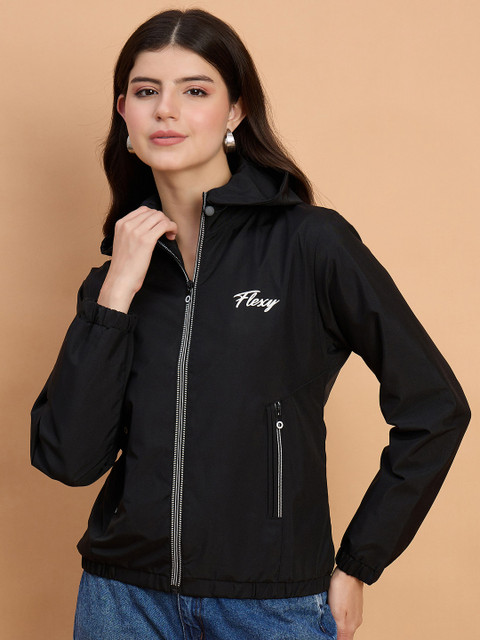 QIOA Women Hooded Solid Windcheater Sporty Jacket