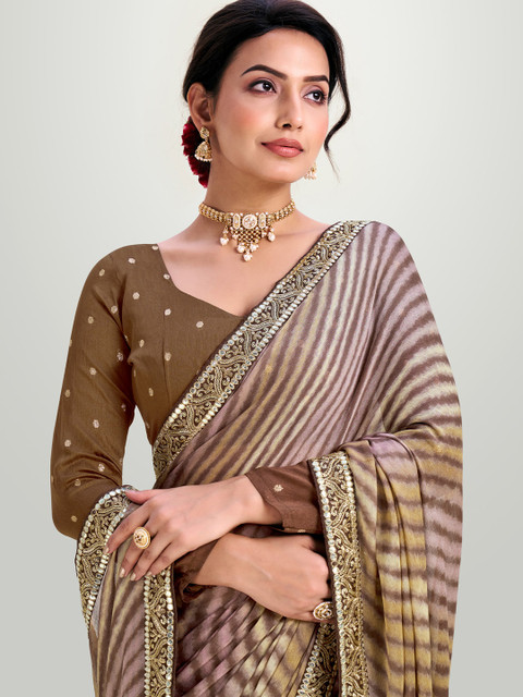 Mitera Striped Sequinned Pure Chiffon Saree