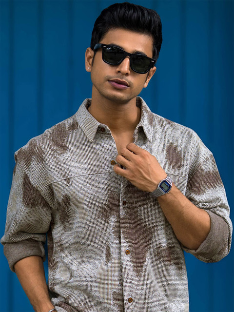 Maniac Men Classic Oversized Fit Textured Spread Collar Cotton Casual Shirt