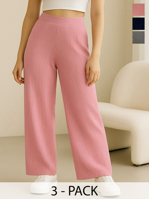 Fabflee Women Pack of 3 Striped High-Rise Parallel Trousers