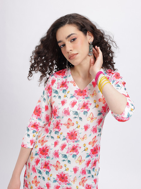 Anouk Rustic Floral Printed V-Neck Straight Kurti