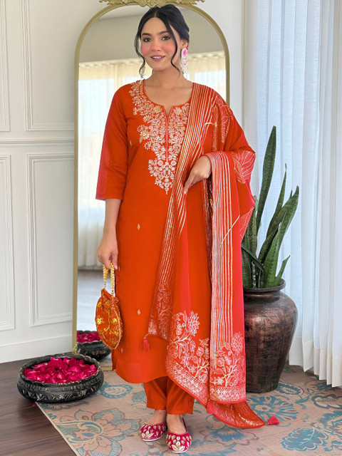 J.KANJI Women Ethnic Motifs Embroidered Kurta with Trousers & Dupatta