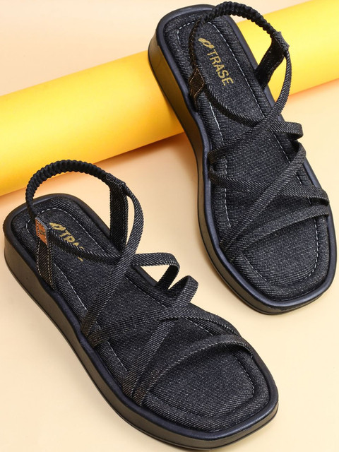 TRASE Women Black Charcoal Casual Open Toe Backstrap Synthetic Leather Flats