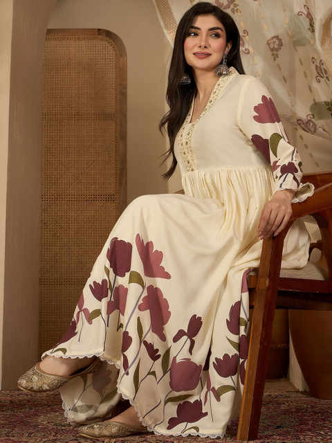 Sangria Women Floral Printed Empire Thread Work Kurta with Palazzos & With Dupatta