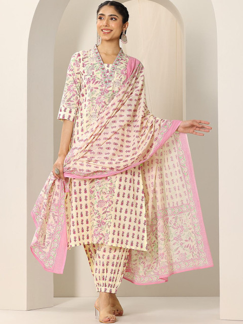 Libas Floral Printed A-Line Kurta With Patiala & Dupatta