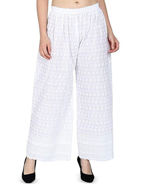 Thrifty Thread Embroidered Flared Knitted Cotton Palazzos
